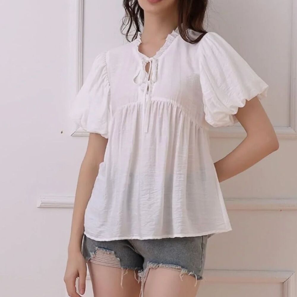 Cottagecore Drapey Top cotton blend puff sleeve womens White (small) coquette